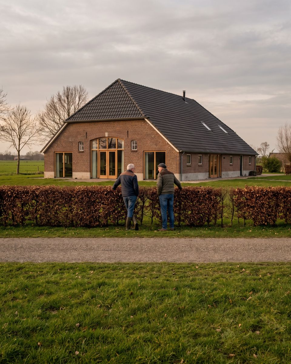 Twee buren in gesprek bij de heg voor een verbouwde boerderij
