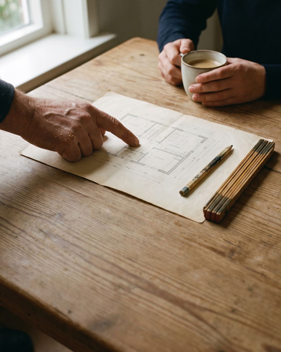 Aan de keukentafel wijst de bouwer iets aan op een plattegrond